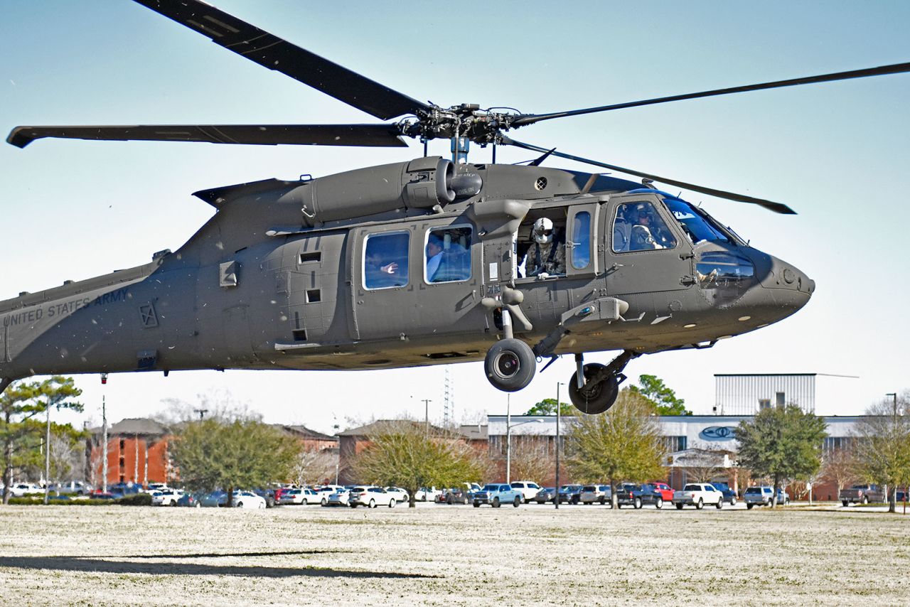 A UH-60 Black Hawk helicopter flies at Fort Rucker, home to Army aviation.