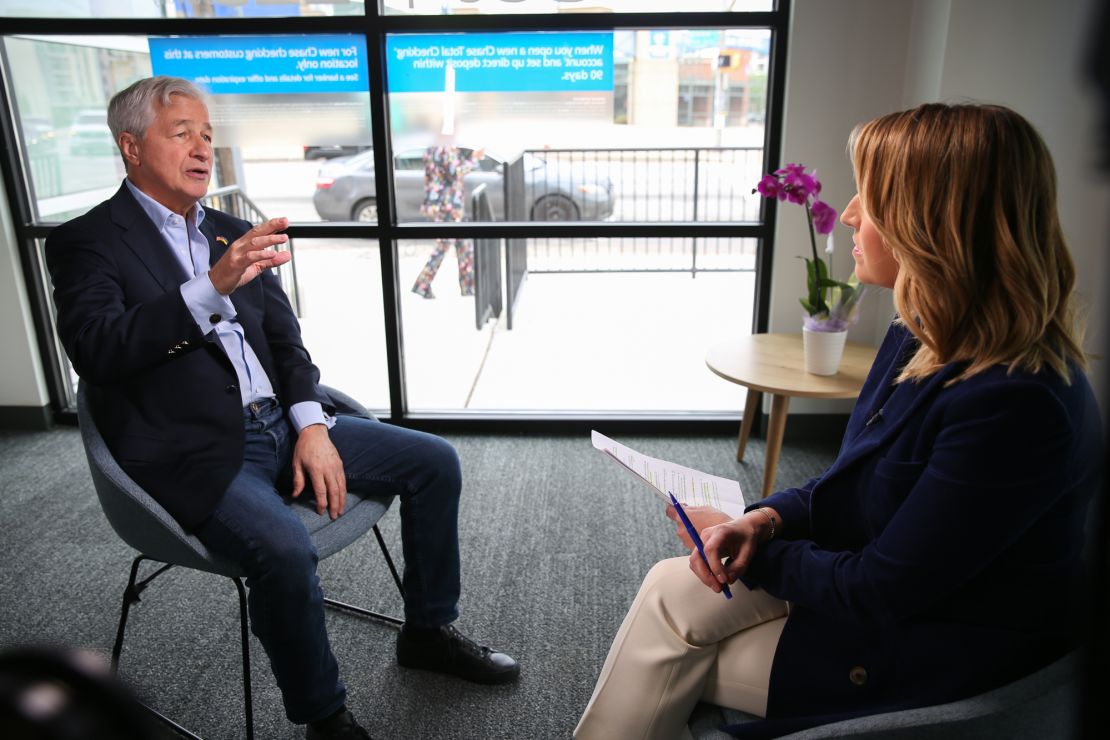 JPMorgan Chase CEO Jamie Dimon speaks during an interview with CNN's Poppy Harlow in Atlanta on April 6, 2023.
