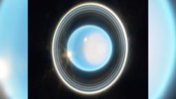 A recent Webb telescope image of Uranus showcases 11 out of 13 of the planet's known rings. Some rings are so bright that they appear to be merged together,