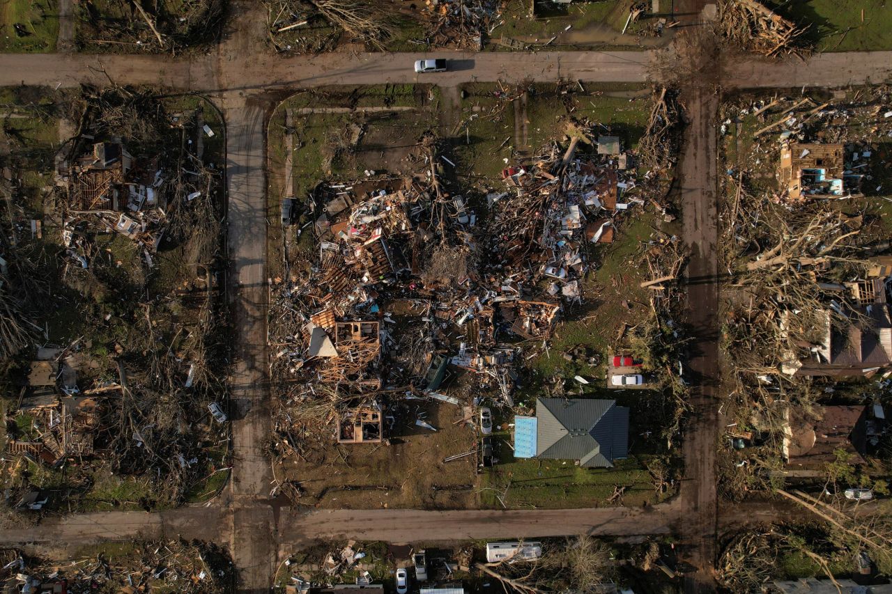 This aerial photo shows tornado damage in Wynne, Arkansas, on Saturday, April 1. A storm outbreak the day before spawned more than 50 tornado reports in at least seven states. 