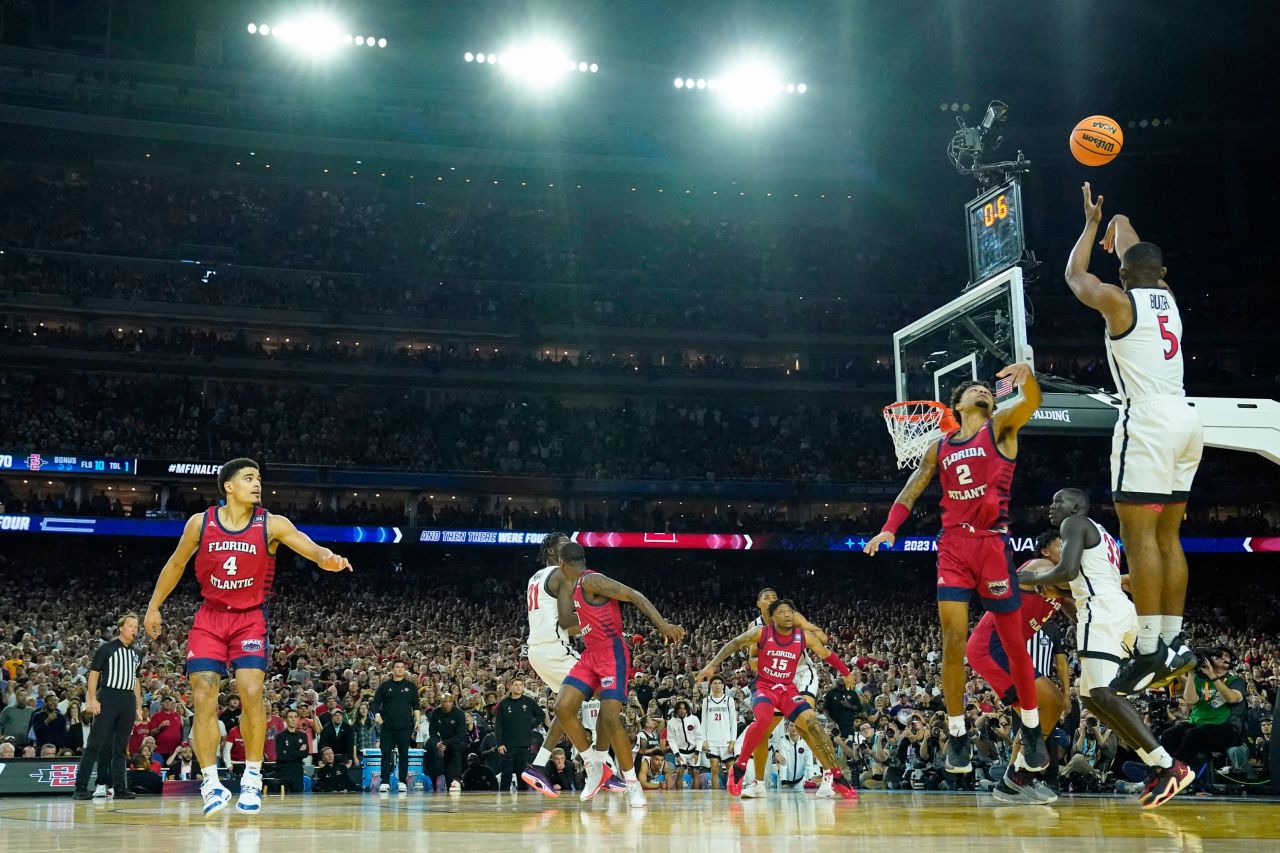 San Diego State's Lamont Butler shoots a game-winning buzzer beater to defeat Florida Atlantic in the Final Four on Saturday, April 1.