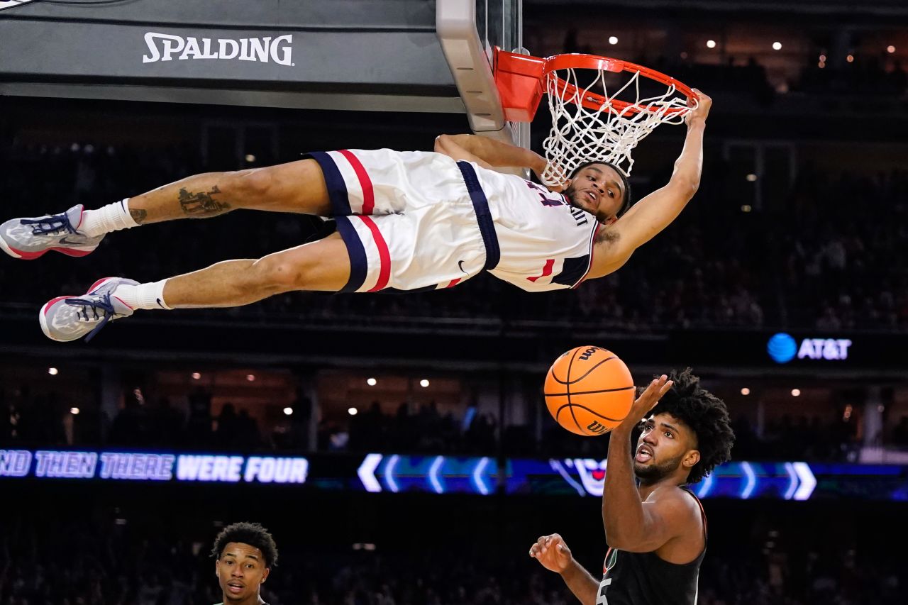 UConn's Andre Jackson Jr. dunks the ball during his team's Final Four victory over Miami on Saturday, April 1.