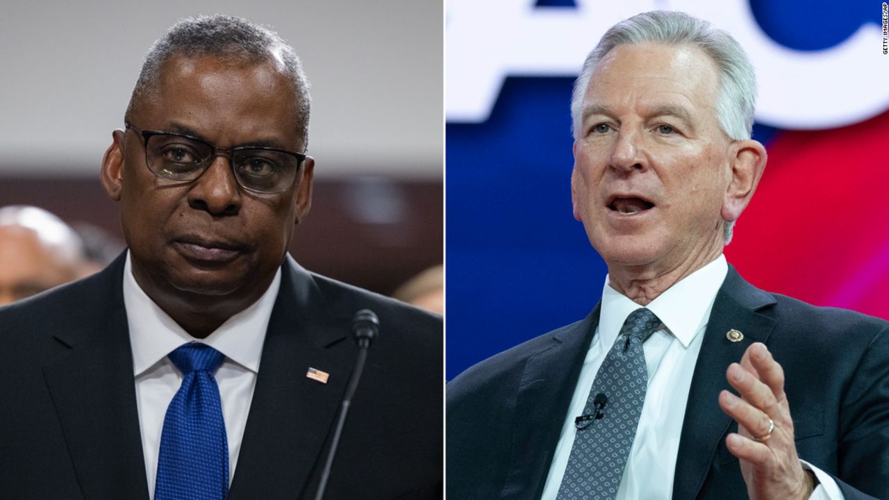 Left - Secretary of Defense Lloyd Austin on March 28th, 2023 in Washington, DC.

Right - Sen. Tommy Tuberville in Oxon Hill, Maryland, on March 2, 2023.