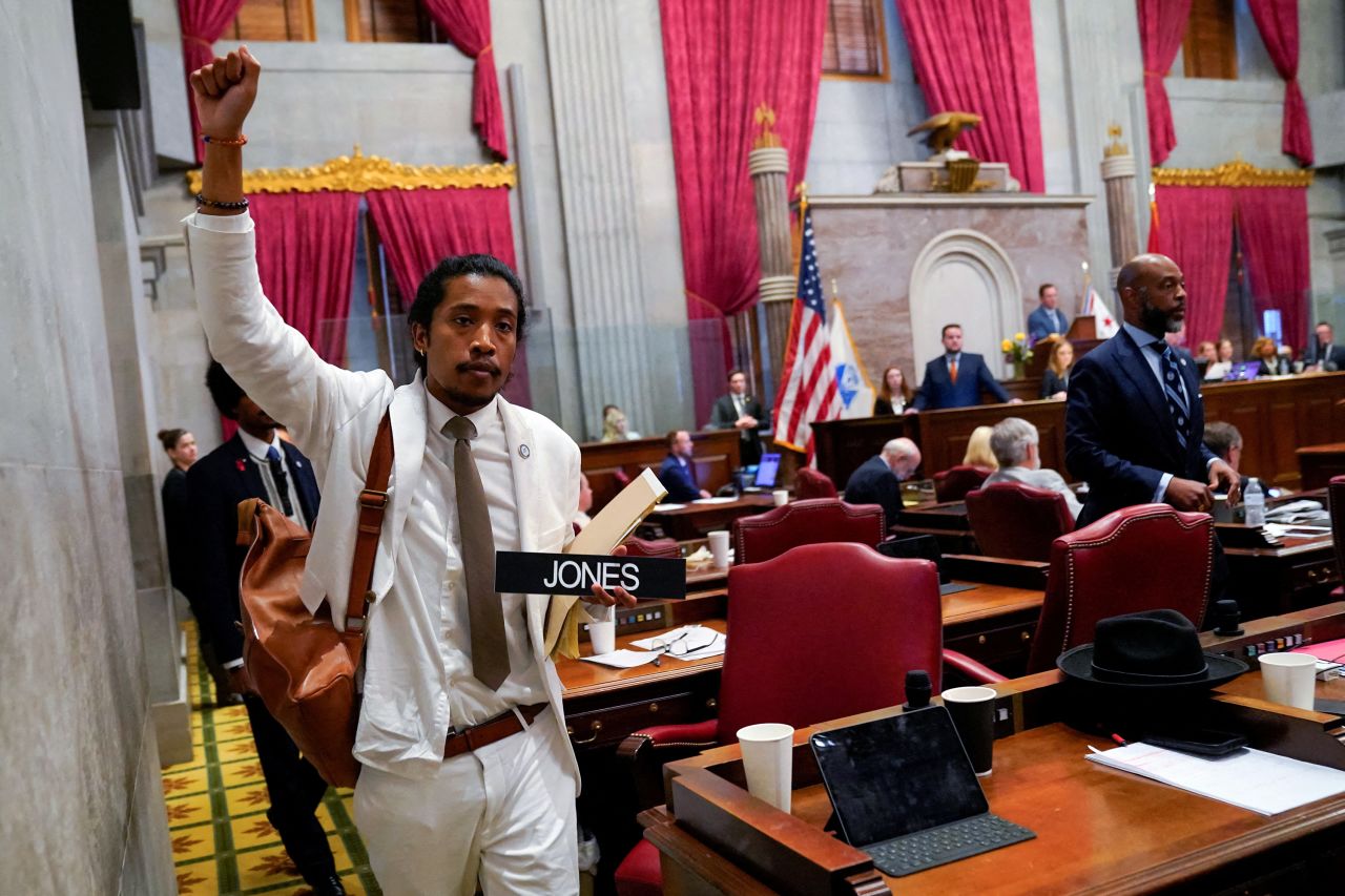 Tennessee state Rep. Justin Jones carries his name tag after he was expelled from the House of Representatives on Thursday, April 6. Tennessee's Republican-controlled House voted to expel Jones and Rep. Justin Pearson a week after they led a gun reform protest on the House floor. A vote to expel the third Democrat involved, Rep. Gloria Johnson, failed. 