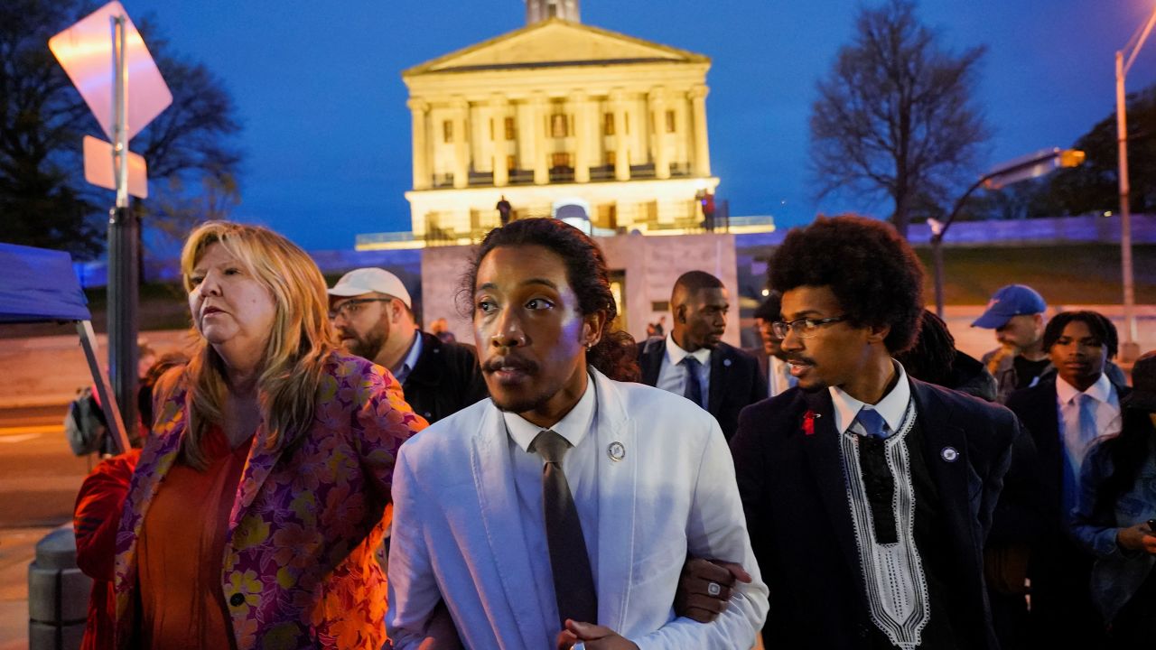 Reps. Justin Pearson, Justin Jones and Gloria Johnson leave the Tennessee State Capitol in Nashville on April 6. 