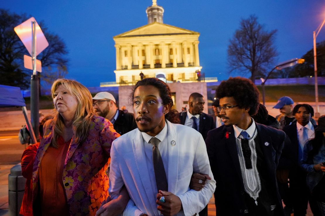 Reps. Justin Pearson,  Justin Jones, and Gloria Johnson leave the Tennessee State Capitol after a vote at the Tennessee House of Representatives to expel the three Democratic members for their roles in a gun control demonstration.