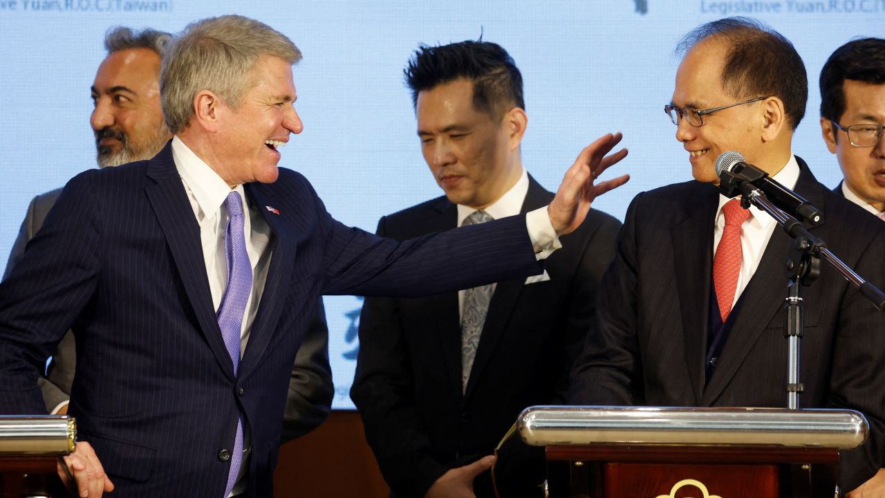 Michael McCaul (left) Taiwan's Parliament Speaker You Si-kun (right) pictured in Taipei, Taiwan on Friday. McCaul said speeding up the delivery of weapons to the island is 