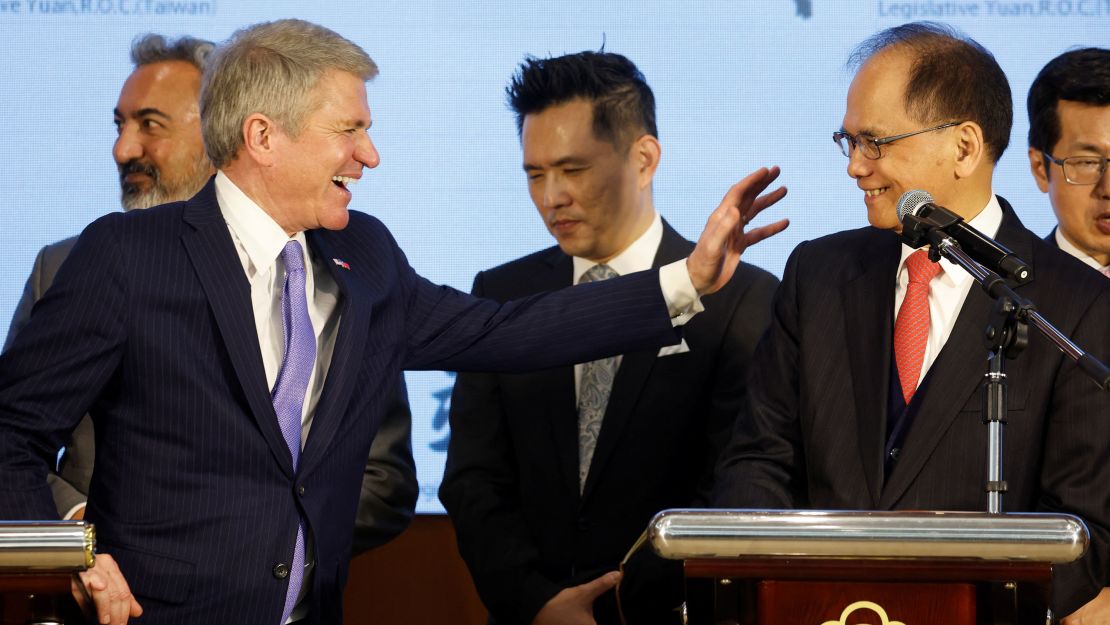 Michael McCaul (left) Taiwan's Parliament Speaker You Si-kun (right) pictured in Taipei, Taiwan on Friday. McCaul said speeding up the delivery of weapons to the island is "critically important."