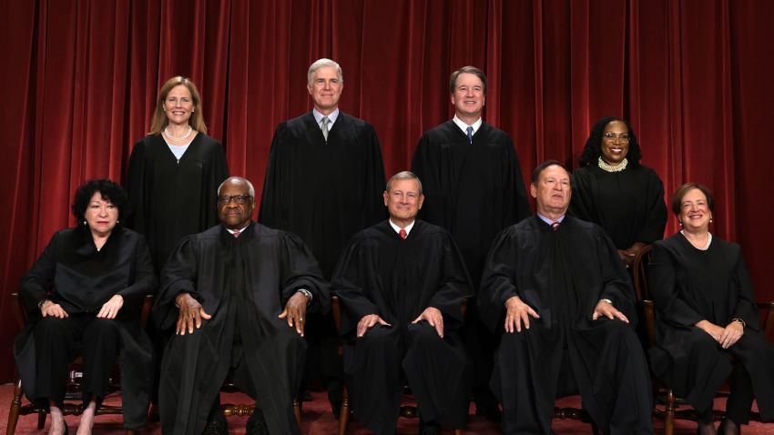 WASHINGTON, DC - OCTOBER 07: United States Supreme Court (front row L-R) Associate Justice Sonia Sotomayor, Associate Justice Clarence Thomas, Chief Justice of the United States John Roberts, Associate Justice Samuel Alito, and Associate Justice Elena Kagan, (back row L-R) Associate Justice Amy Coney Barrett, Associate Justice Neil Gorsuch, Associate Justice Brett Kavanaugh and Associate Justice Ketanji Brown Jackson pose for their official portrait at the East Conference Room of the Supreme Court building on October 7, 2022 in Washington, DC. The Supreme Court has begun a new term after Associate Justice Ketanji Brown Jackson was officially added to the bench in September. (Photo by Alex Wong/Getty Images)