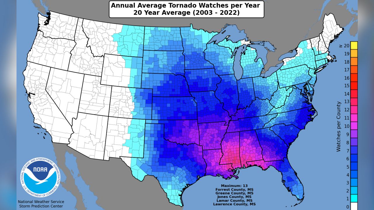 Annual average tornado watches per year