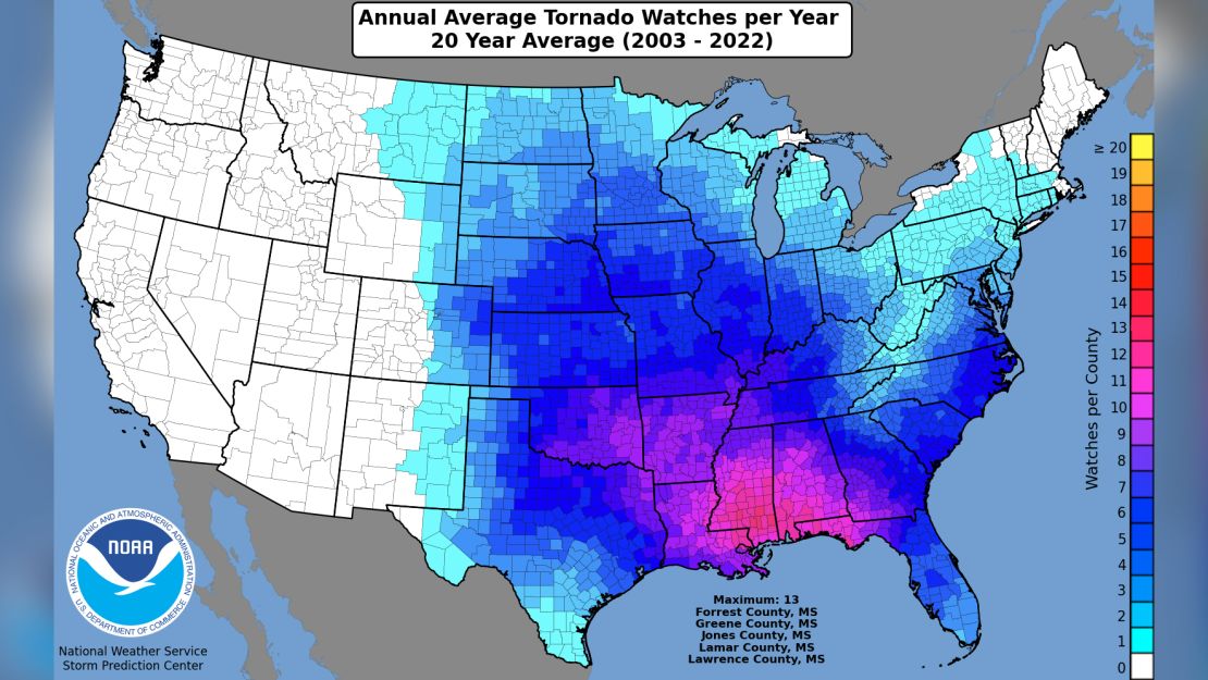 Annual average tornado watches per year