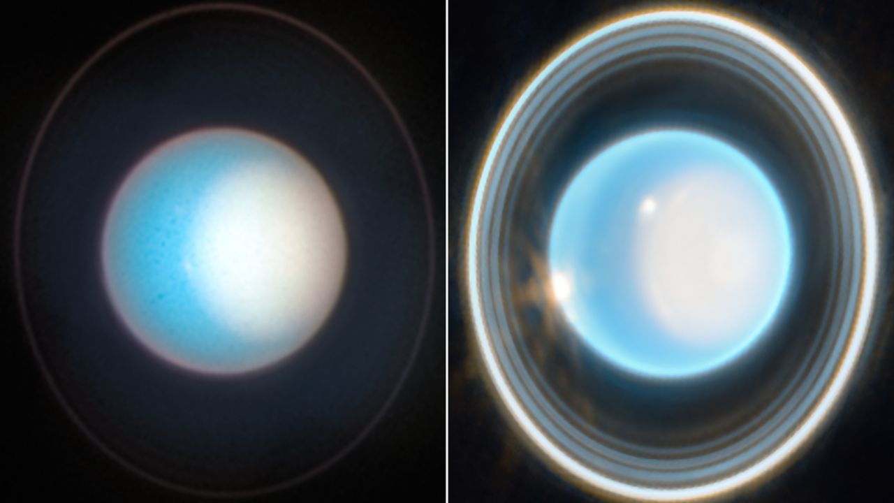 A November Hubble image of Uranus (left) captured the planet's bright polar cap, while the recent Webb image displayed more detail, with a subtle enhanced brightness at the cap's center.