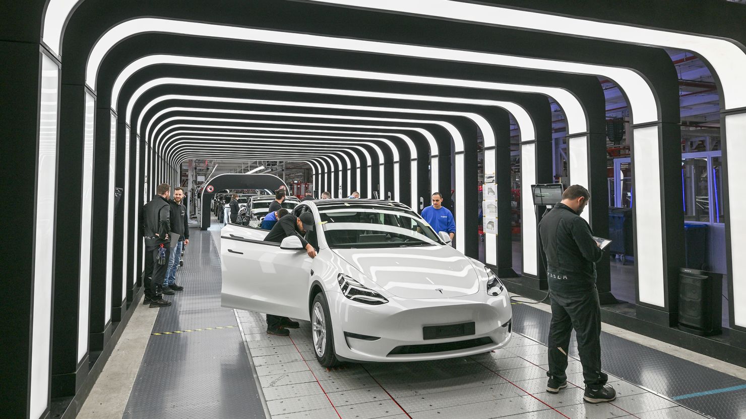 Employees of the Tesla Gigafactory Berlin Brandenburg work on the final inspection of the finished Model Y electric vehicles  inBrandenburg, Grünheide, Germany, on March 20, 2023.