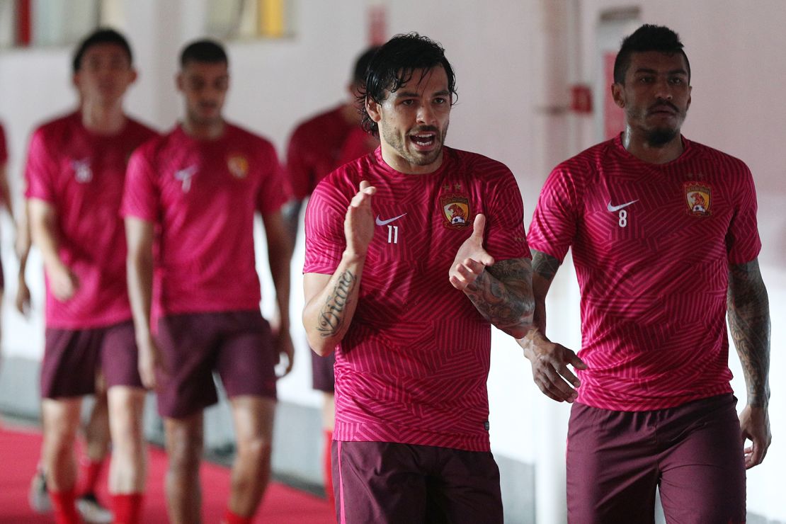 Ricardo Goulart of Guangzhou Evergrande, left, with teammates before the AFC Champions League match between Guangzhou Evergrande and Kashima Antlers at Tianhe Sports Center on May 23, 2017 in Guangzhou, China. 