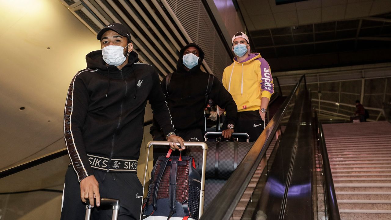 Players of the Wuhan Zall football team arrive at Wuhan railway station on April 18, 2020 in Hubei, China. 