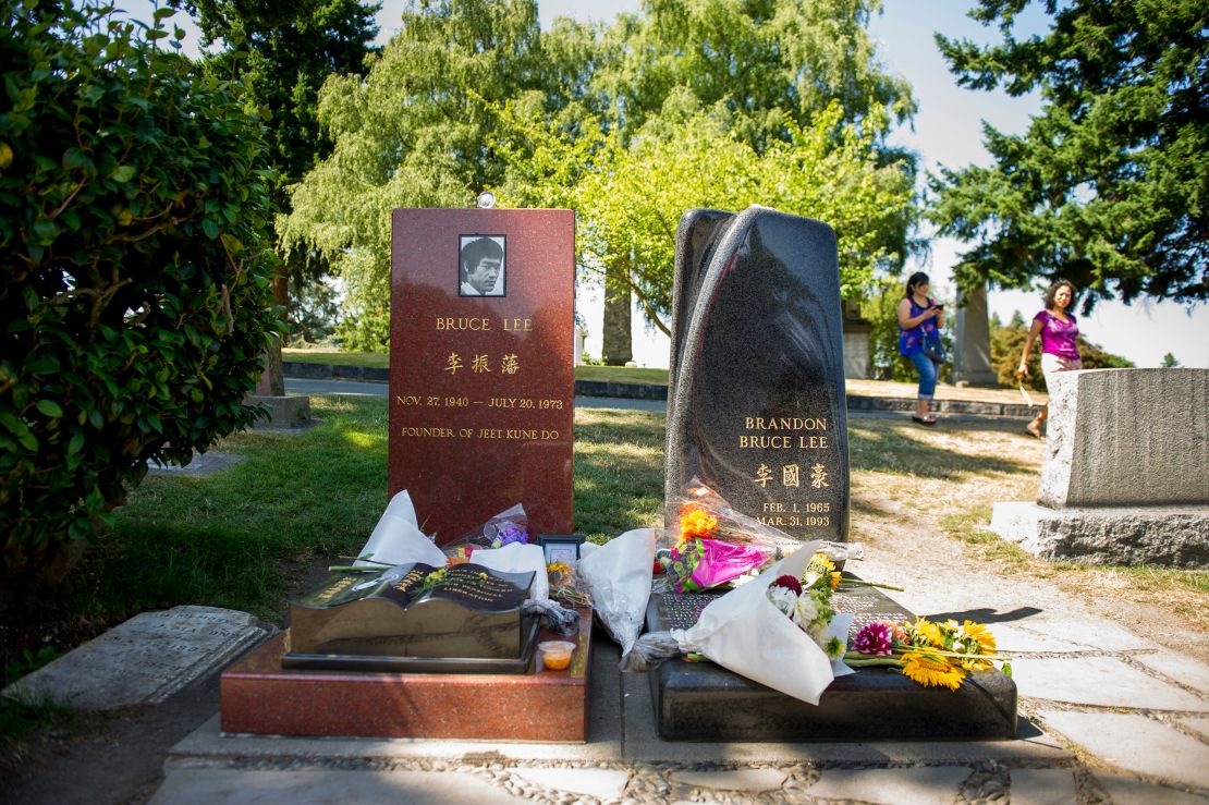 The grave site of actor and martial artist Brandon Lee and his father Bruce Lee at Lakeview Cemetery in Seattle, as seen in 2012. 