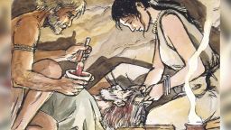 An illustration depicts the hair-dyeing ritual that took place in the funerary chamber in the Es Càrritx cave in Menorca.