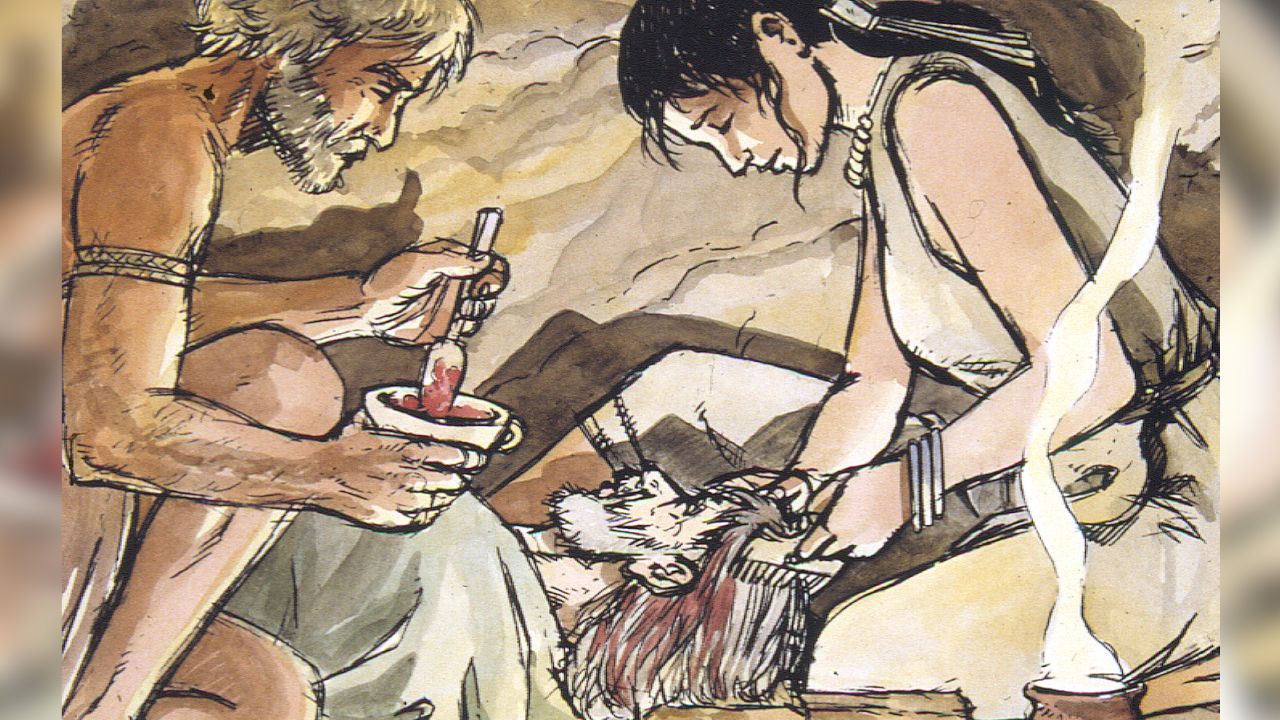 An illustration depicts the hair-dyeing ritual that occurred in the funerary chamber of a  cave in Menorca.