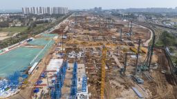 Aerial view of the construction site of the Hainan Free Trade Port on April 4, 2023 in Haikou, Hainan Province of China. 