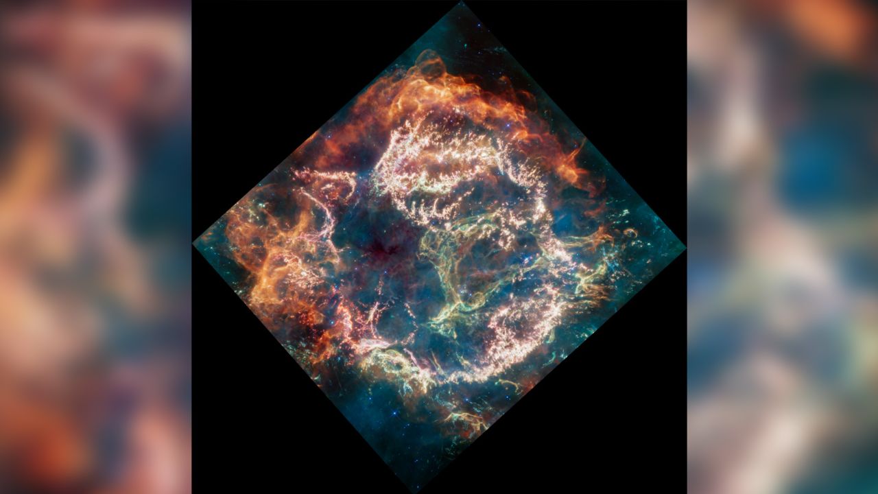 The colorful supernova remnant Cassiopeia A was captured in infrared light by the Webb telescope.