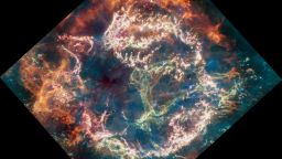 Cassiopeia A (Cas A) is a supernova remnant located about 11,000 light-years from Earth in the constellation Cassiopeia. It spans approximately 10 light-years. This new image uses data from Webb's Mid-Infrared Instrument (MIRI) to reveal Cas A in a new light.