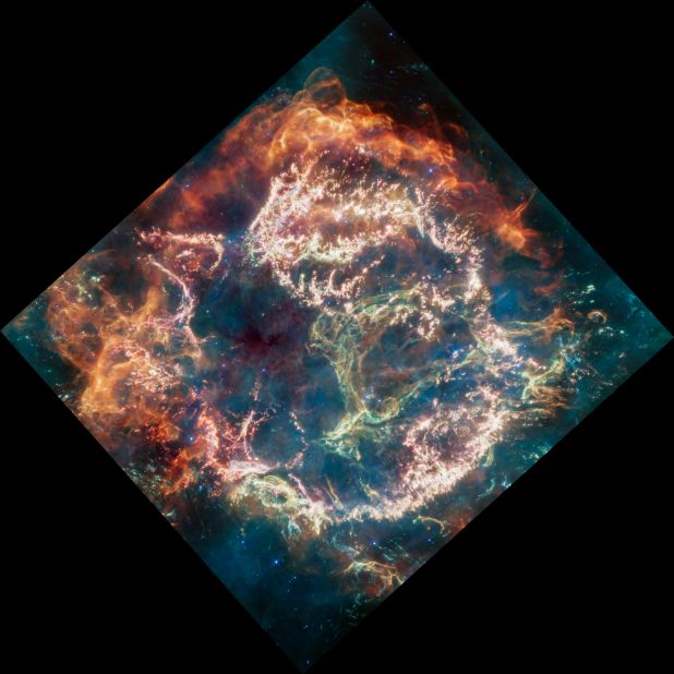 Stunning details can be seen in this Webb telescope photo of supernova remnant Cassiopeia A, which is 11,000 light-years from Earth.  