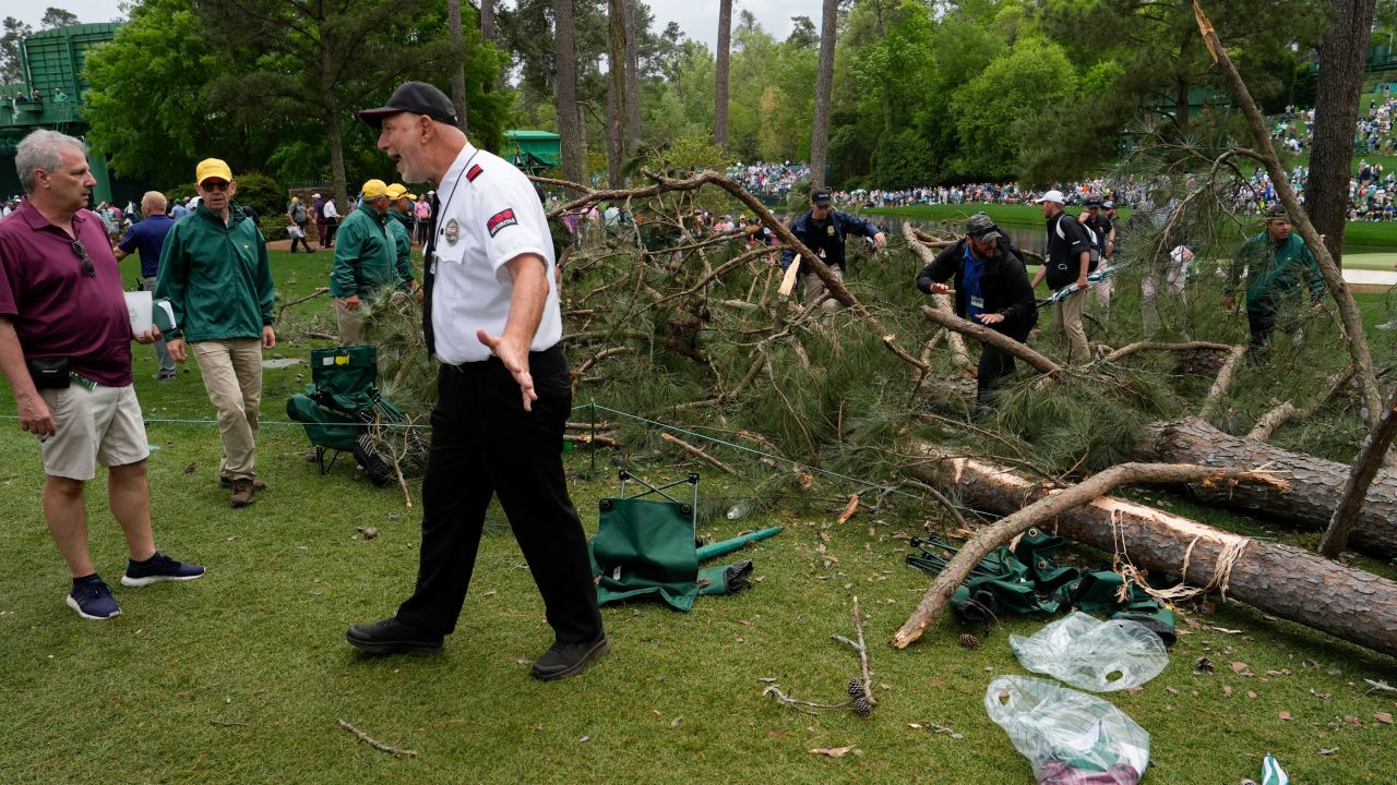 A security guard moves patrons away from the fallen trees.