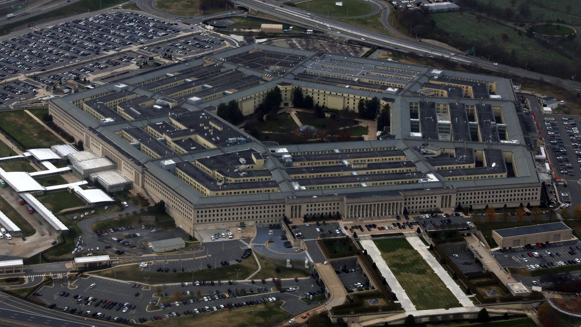 The Pentagon is seen from a flight taking off from Ronald Reagan Washington National Airport on November 29, 2022, in Arlington, Virginia. 