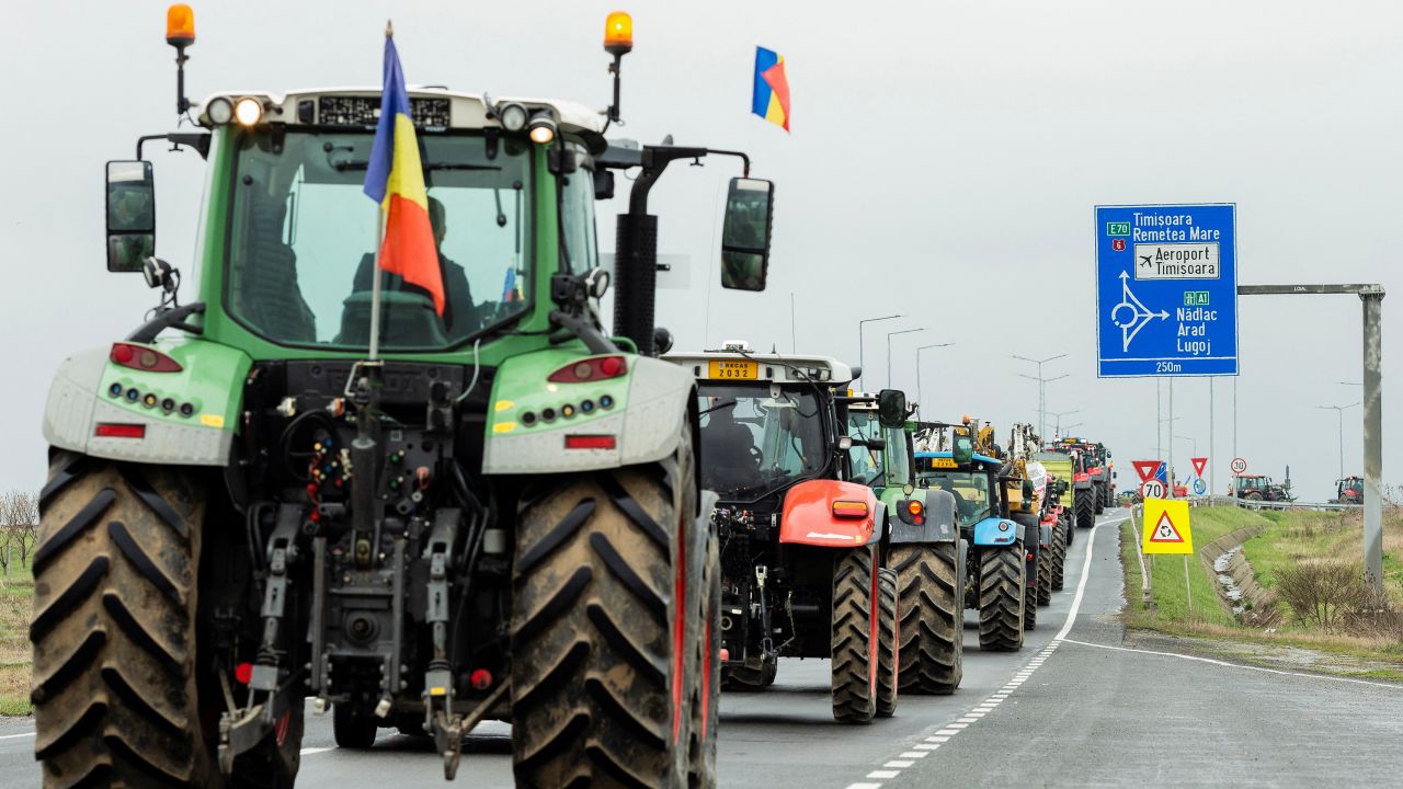 Romanian farmers protested in their tractors Friday.
