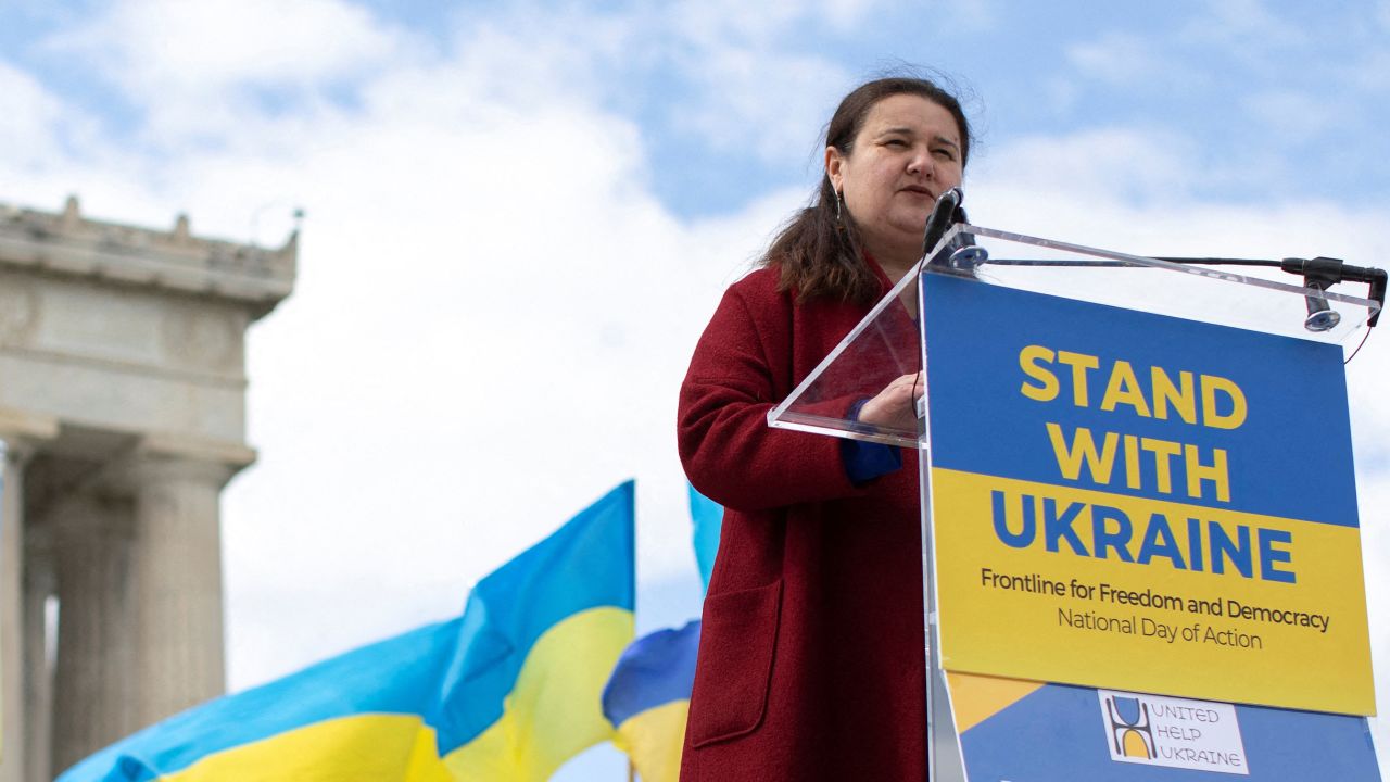 Markarova speaks during a rally at the Lincoln Memorial in Washington, DC, on March 27, 2022.