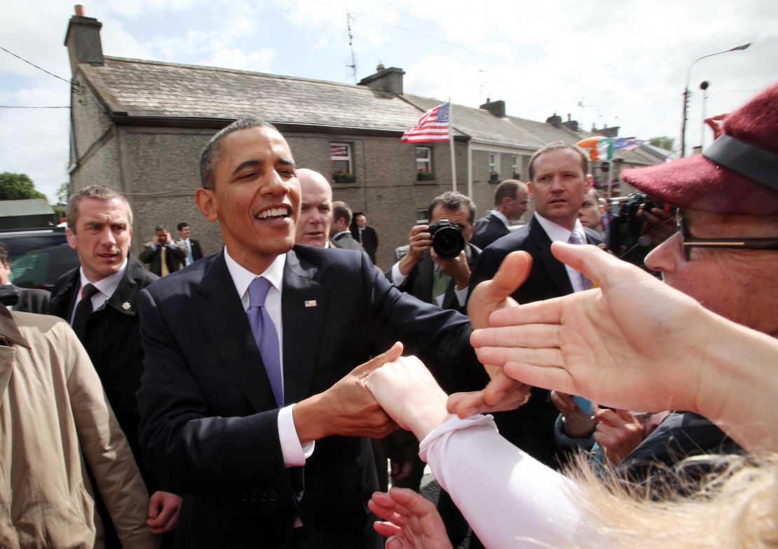 US President Barack Obama greets the locals in his ancestral home of Moneygall on May 23, 2011 in Moneygall, Ireland. 