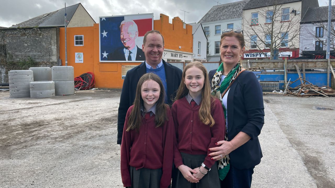 Joe Blewitt, a distant cousin of US President Joe Biden, with his daughters Lauren and Emily, and wife Deirdre in Ballina, County Mayo.