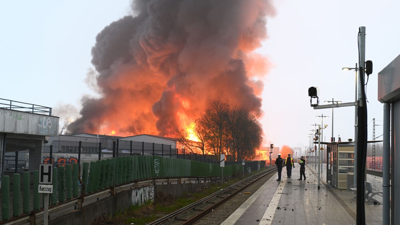 Police officers stand at the Hamburg-Rothenburgsort train station while flames from a large fire can be seen in the background. 
