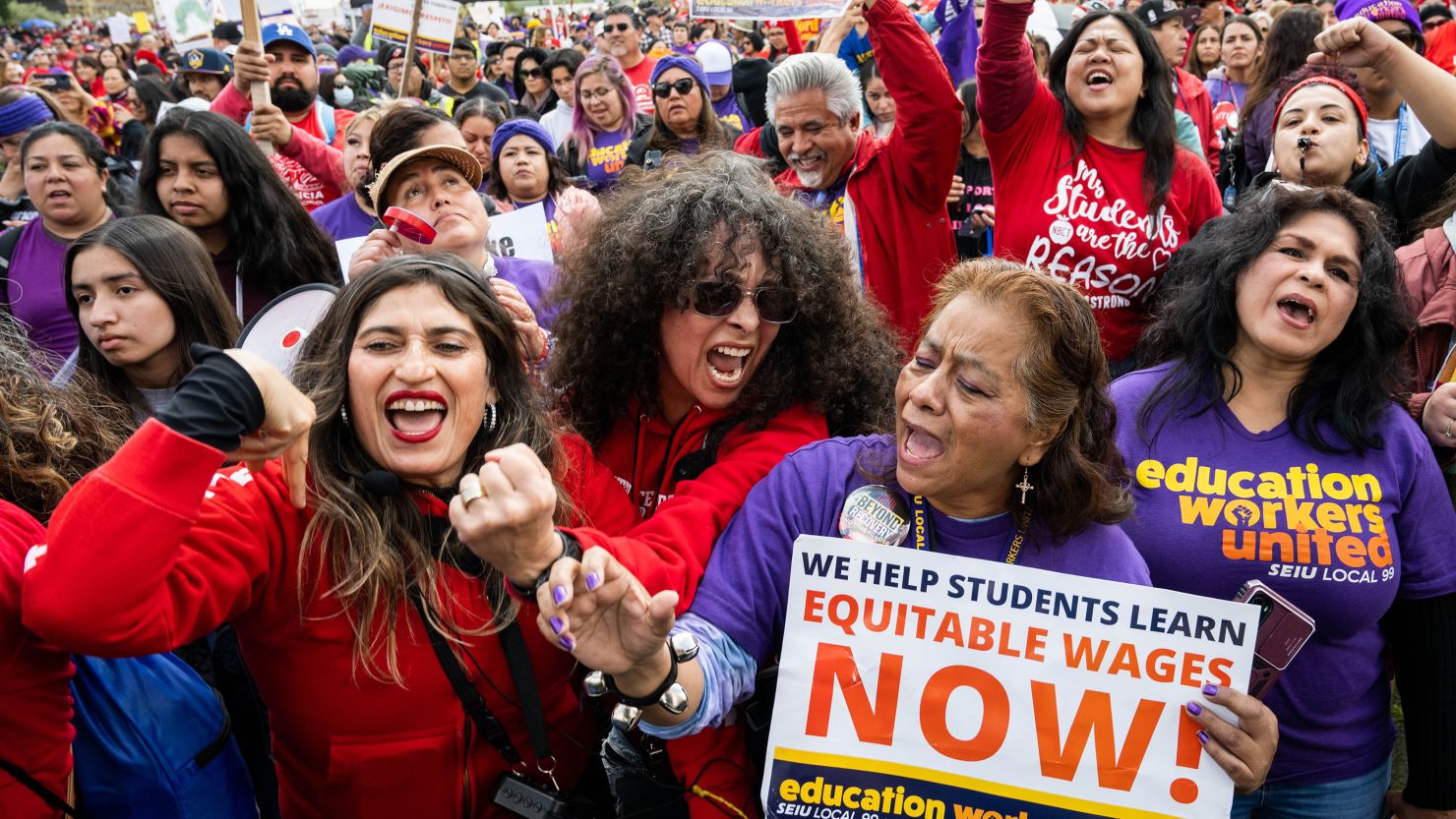 Los Angeles Unified School District teachers join school aids as they strike in downtown Los Angeles on Thursday, March 23, 2023.