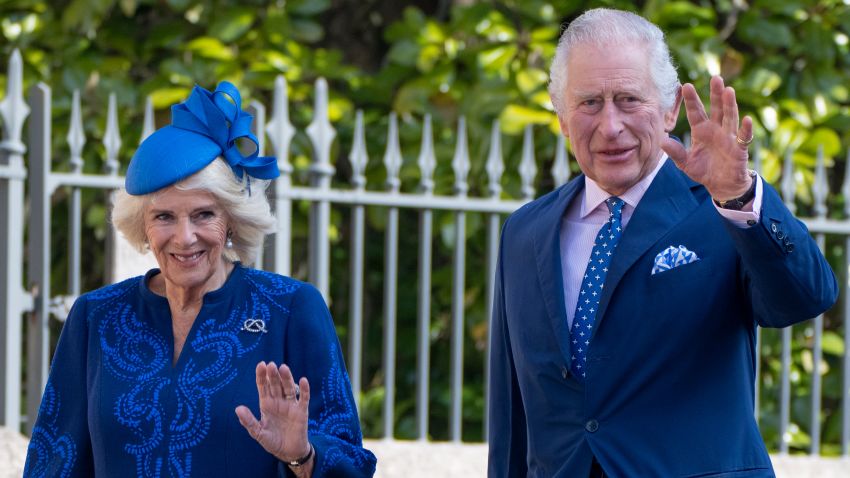 King Charles III with Camilla, Queen Consort attend the Easter Mattins Service at St George's Chapel at Windsor Castle on April 9, 2023 in Windsor, England.