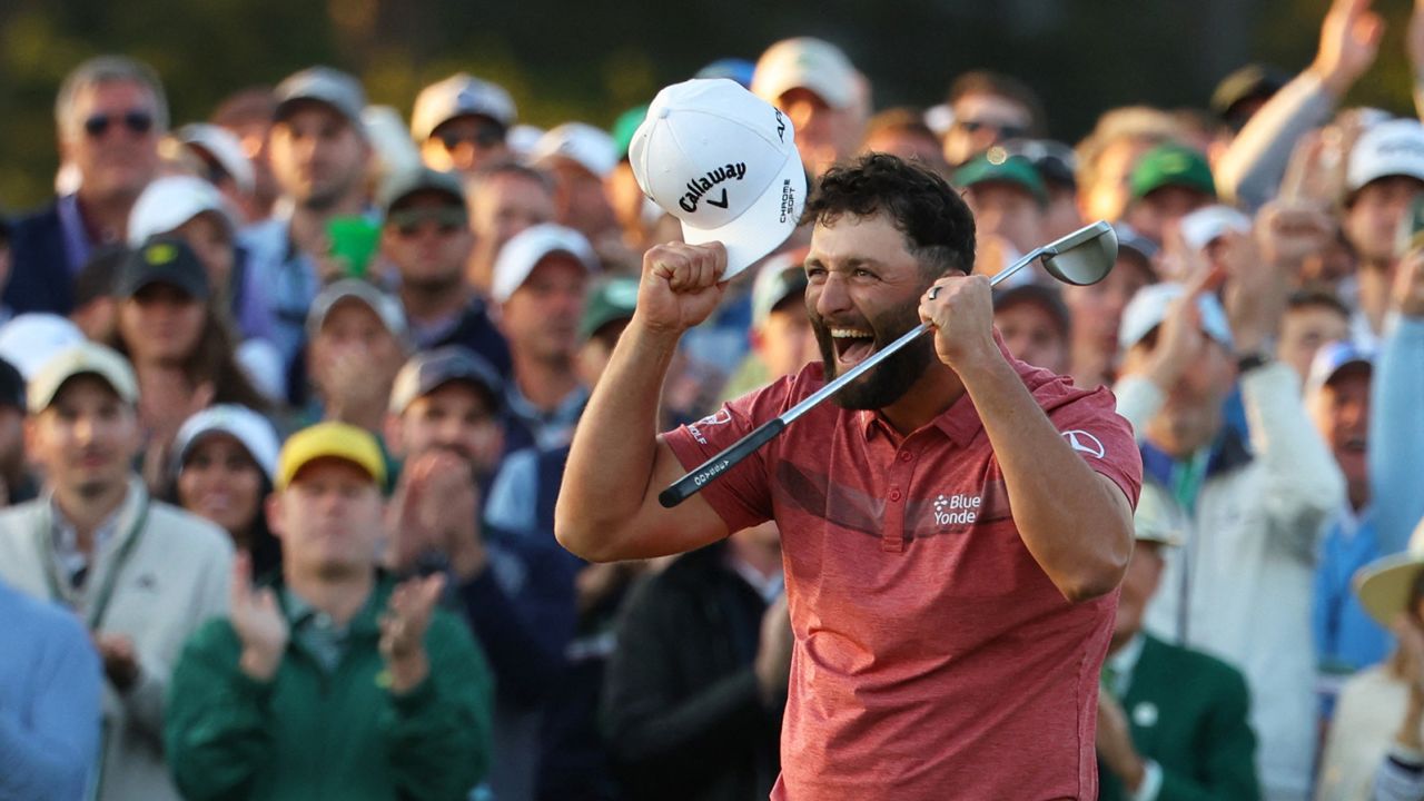 Jon Rahm of Spain celebrates on the 18th green after winning the 2023 Masters Tournament at Augusta National Golf Club.