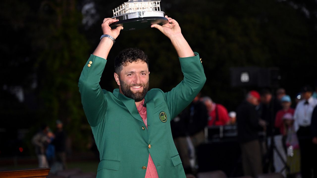 Jon Rahm of Spain poses with the Masters trophy during the Green Jacket Ceremony after winning the 2023 Masters Tournament at Augusta National Golf Club on April 09, 2023 in Augusta, Georgia. 