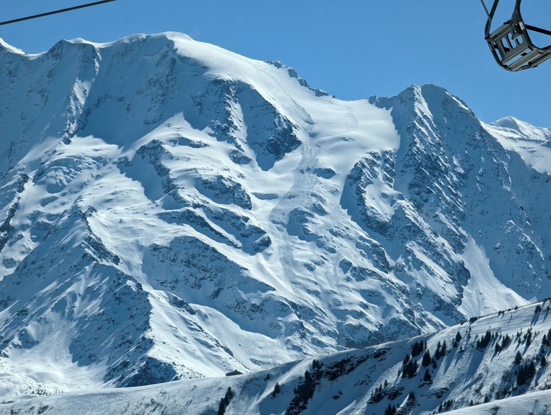 The aftermath of a deadly avalanche near the Armancette glacier, in the shadow of Mont Blanc, on Sunday.  