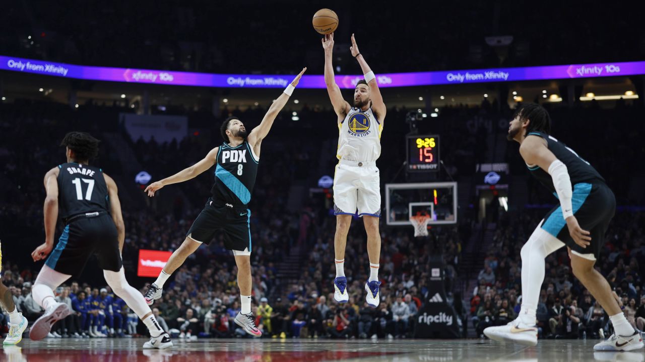 Klay Thompson reached 300 three-pointers for the season in Sunday's game against the Blazers.