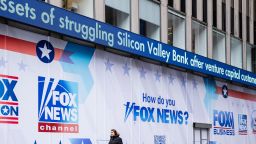 A Silicon Valley Bank shut down headline displayed on the News Corp building in New York on Friday, March 10, 2023.