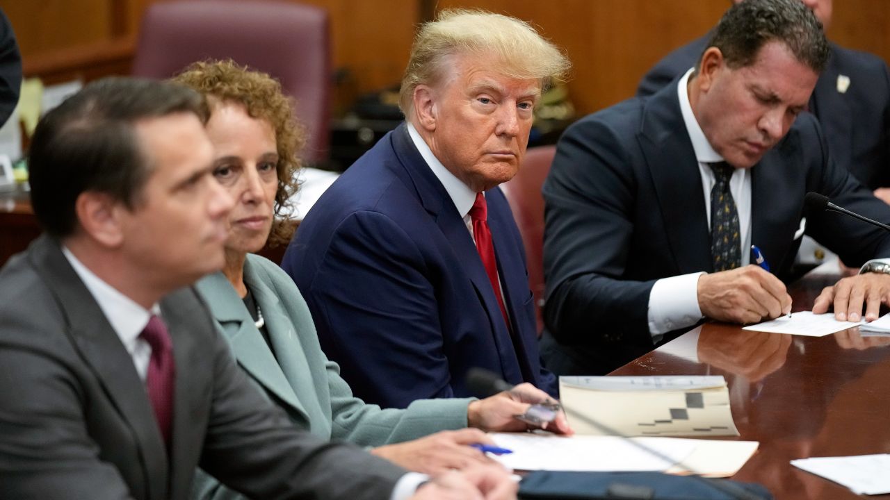 Former President Donald Trump sits at the defense table with his legal team in a Manhattan court, Tuesday, April 4, 2023, in New York. 