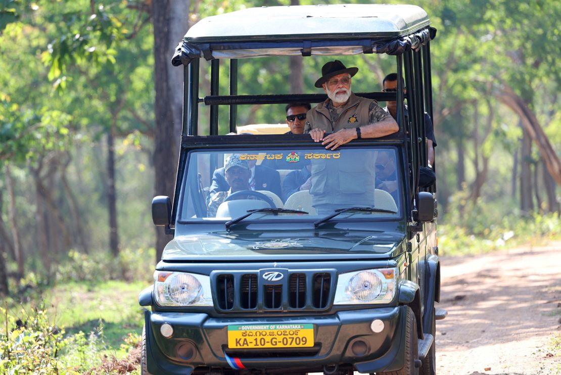 Indian Prime Minister Narendra Modi visits the Bandipur and Mudumalai Tiger Reserves in Karnataka, India on April 9, 2023. 