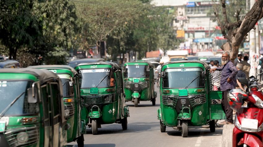 Tuk-tuks on the streets of Dhaka, Bangladesh, in March 2023.