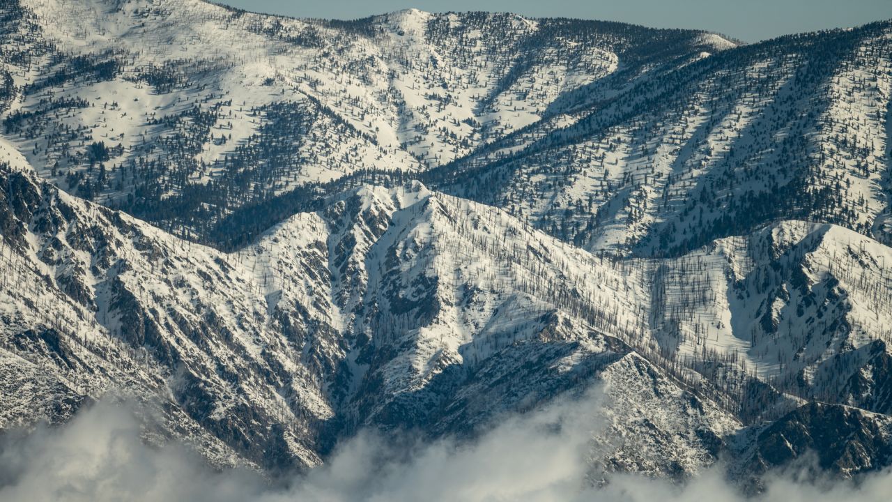 A snowy mountain in Southern California after rthis winter's historic snowfall.