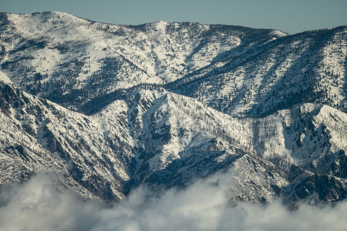 A snowy mountain in Southern California after rthis winter's historic snowfall.