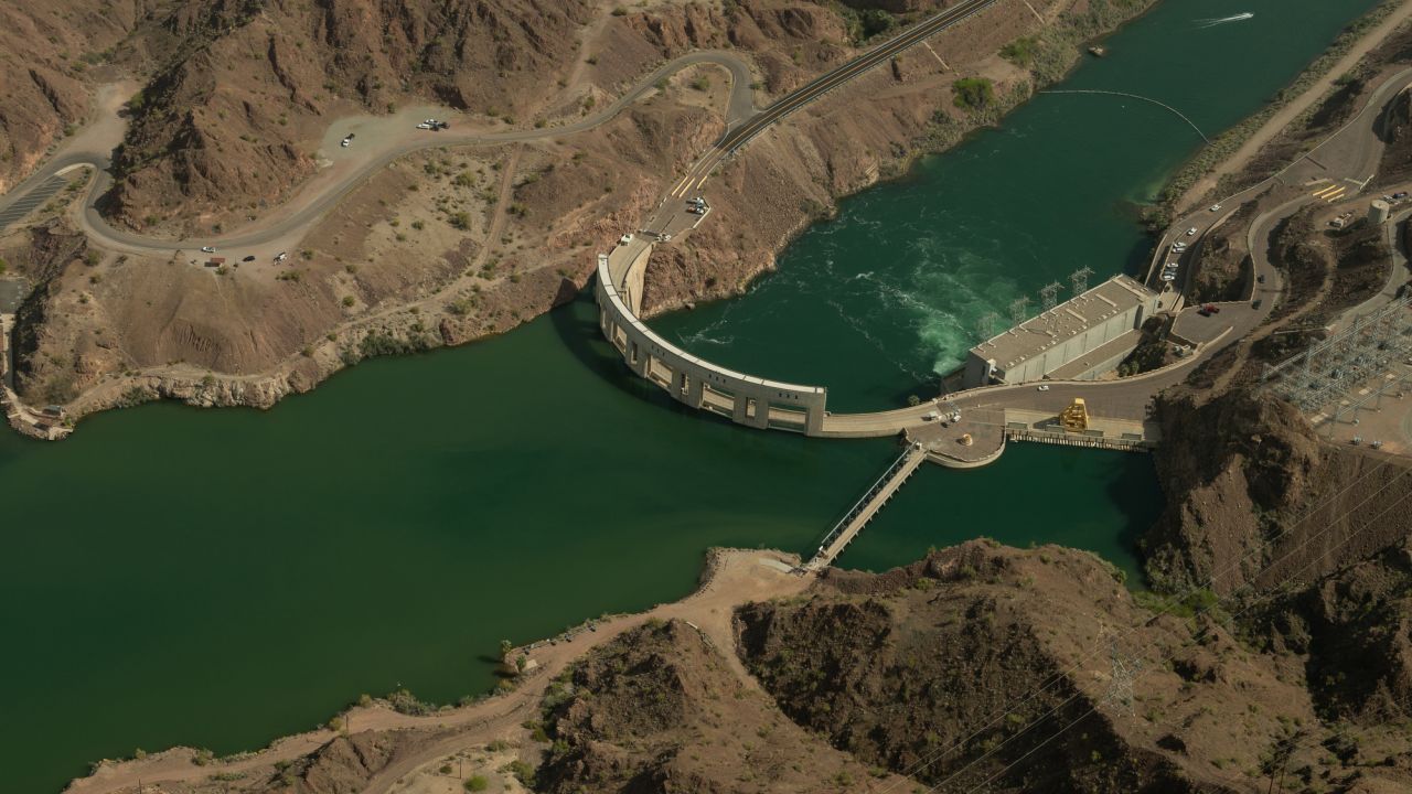 The Parker Dam on the border of California and Arizona dams Colorado River water, creating the Lake Havasu resevoir.