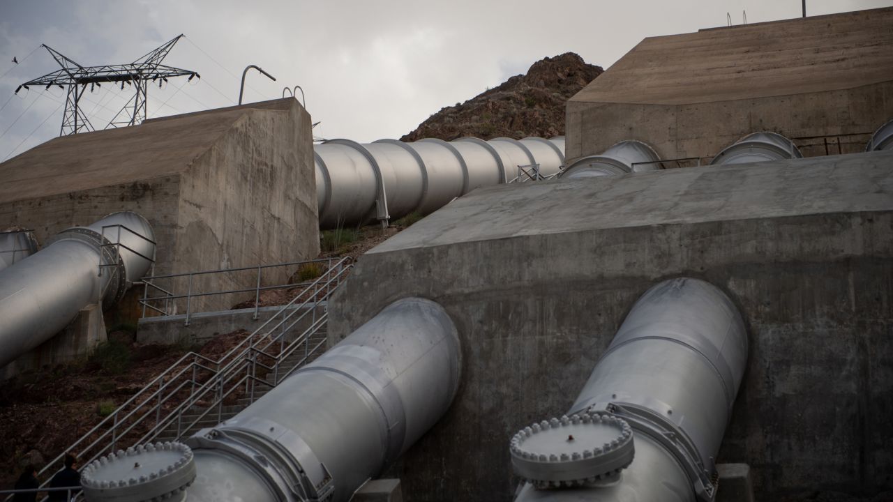 Pipes climb up a mountain at the Whitsett Intake Pumping Plant in Parker Dam, California.