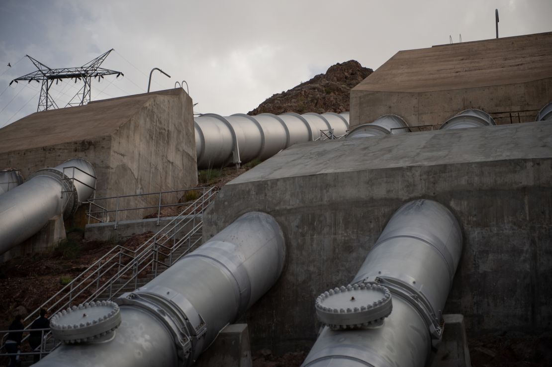 Pipes climb up a mountain at the Whitsett Intake Pumping Plant in Parker Dam, California.