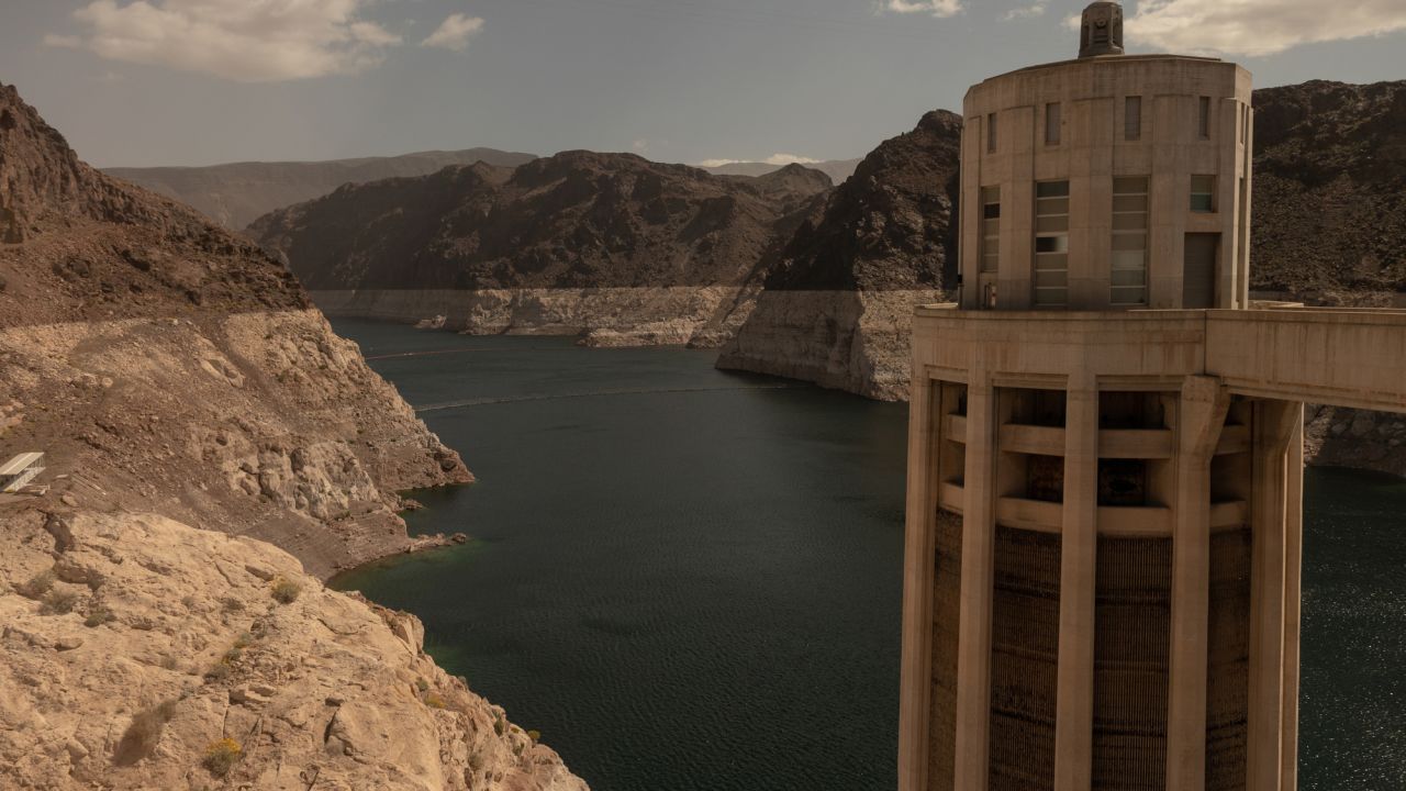 The "bathtub ring," indicating the height that water once reached,  along the banks of Lake Mead near Boulder City, Nevada, on April 3, 2023.