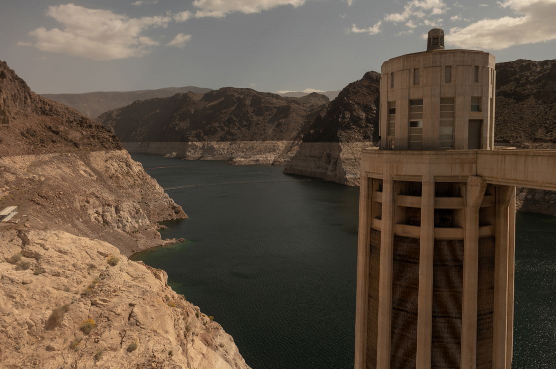 The "bathtub ring," indicating the height that water once reached,  along the banks of Lake Mead near Boulder City, Nevada, on April 3, 2023.